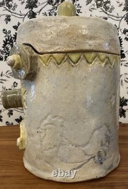 Vintage Studio Pottery Robot Face Jar 9 Goat, Moon Stars, Rooster Folk Art OOAK