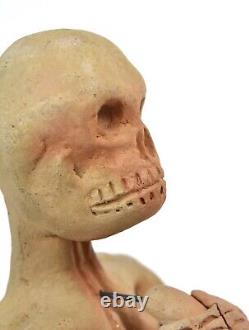 Vintage Studio Pottery Skeleton Playing Horned Instrument Candlestick