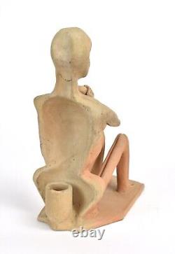 Vintage Studio Pottery Skeleton Playing Horned Instrument Candlestick