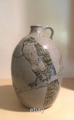 Vintage Studio Pottery Stoneware Pitcher Jug Vase Painted Peregrine Falcon