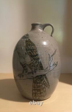 Vintage Studio Pottery Stoneware Pitcher Jug Vase Painted Peregrine Falcon