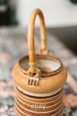 Vintage Studio Pottery Striped Stoneware Jar Vase Bamboo Handle Signed Handmade