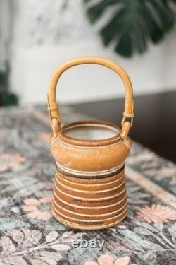 Vintage Studio Pottery Striped Stoneware Jar Vase Bamboo Handle Signed Handmade