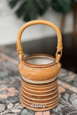 Vintage Studio Pottery Striped Stoneware Jar Vase Bamboo Handle Signed Handmade