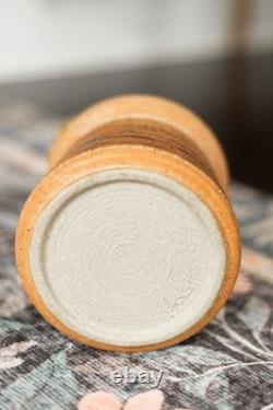 Vintage Studio Pottery Striped Stoneware Jar Vase Bamboo Handle Signed Handmade