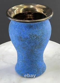 Vintage Studio Pottery Vase Blue Gold Textured Glaze Signed
