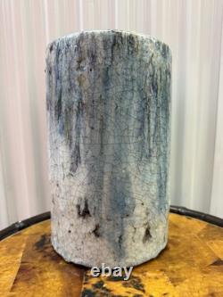 Vintage Studio Pottery Vase Blue White Crackle Glaze Ceramic Cylinder 11 x 7