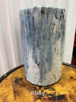 Vintage Studio Pottery Vase Blue White Crackle Glaze Ceramic Cylinder 11 x 7