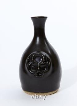 Vintage Studio Pottery Vase Matte Black Stoneware MCM Modernist Clover Relief