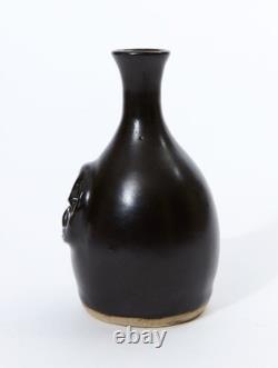Vintage Studio Pottery Vase Matte Black Stoneware MCM Modernist Clover Relief
