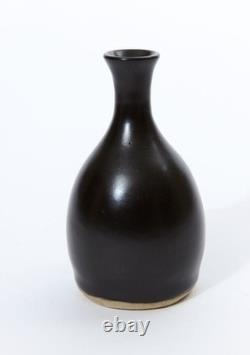 Vintage Studio Pottery Vase Matte Black Stoneware MCM Modernist Clover Relief