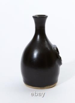 Vintage Studio Pottery Vase Matte Black Stoneware MCM Modernist Clover Relief