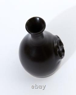 Vintage Studio Pottery Vase Matte Black Stoneware MCM Modernist Clover Relief