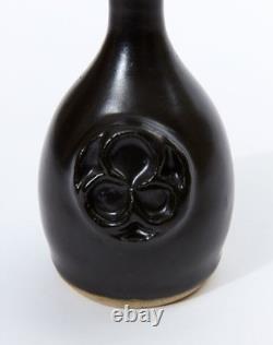 Vintage Studio Pottery Vase Matte Black Stoneware MCM Modernist Clover Relief