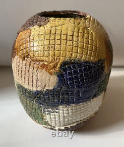 Vintage Studio Pottery Vase Patch Work Multi Color FOLK ART 9.5