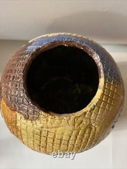 Vintage Studio Pottery Vase Patch Work Multi Color FOLK ART 9.5