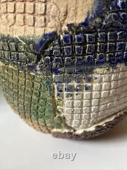 Vintage Studio Pottery Vase Patch Work Multi Color FOLK ART 9.5