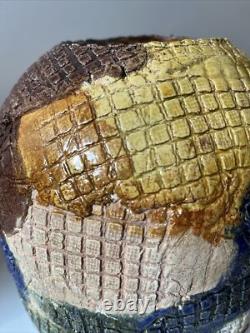 Vintage Studio Pottery Vase Patch Work Multi Color FOLK ART 9.5