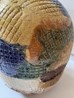 Vintage Studio Pottery Vase Patch Work Multi Color FOLK ART 9.5