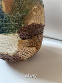 Vintage Studio Pottery Vase Patch Work Multi Color FOLK ART 9.5