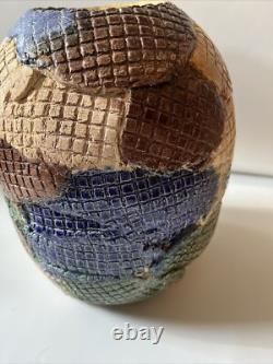 Vintage Studio Pottery Vase Patch Work Multi Color FOLK ART 9.5