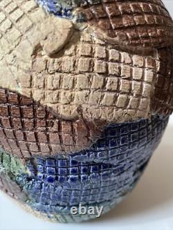 Vintage Studio Pottery Vase Patch Work Multi Color FOLK ART 9.5