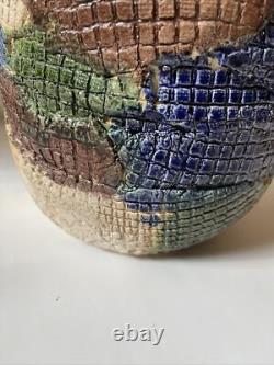 Vintage Studio Pottery Vase Patch Work Multi Color FOLK ART 9.5