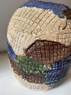 Vintage Studio Pottery Vase Patch Work Multi Color FOLK ART 9.5