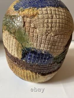 Vintage Studio Pottery Vase Patch Work Multi Color FOLK ART 9.5