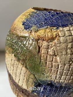 Vintage Studio Pottery Vase Patch Work Multi Color FOLK ART 9.5