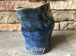 Vintage Studio Pottery Vase Signed Asymmetrical Green Blue Luster Crooked Pot