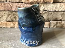 Vintage Studio Pottery Vase Signed Asymmetrical Green Blue Luster Crooked Pot