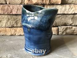 Vintage Studio Pottery Vase Signed Asymmetrical Green Blue Luster Crooked Pot