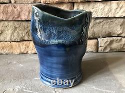 Vintage Studio Pottery Vase Signed Asymmetrical Green Blue Luster Crooked Pot