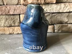 Vintage Studio Pottery Vase Signed Asymmetrical Green Blue Luster Crooked Pot