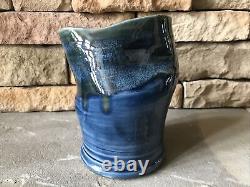 Vintage Studio Pottery Vase Signed Asymmetrical Green Blue Luster Crooked Pot