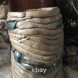 Vintage Studio Pottery Vase Signed Green And Brown Coil Large Coiled Mid Century