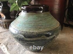 Vintage Studio Pottery Vase Signed Green Brown Raku Pot Mid Century Heavy Rustic
