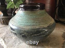 Vintage Studio Pottery Vase Signed Green Brown Raku Pot Mid Century Heavy Rustic