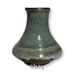 Vintage Studio Pottery Vase Signed M 7 Blue Green Drip Glaze MCM Style