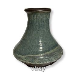 Vintage Studio Pottery Vase Signed M 7 Blue Green Drip Glaze MCM Style