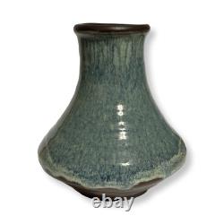 Vintage Studio Pottery Vase Signed M 7 Blue Green Drip Glaze MCM Style