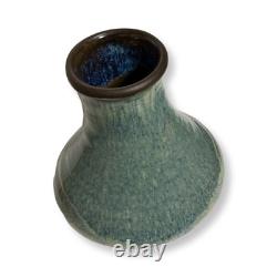Vintage Studio Pottery Vase Signed M 7 Blue Green Drip Glaze MCM Style