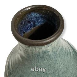 Vintage Studio Pottery Vase Signed M 7 Blue Green Drip Glaze MCM Style