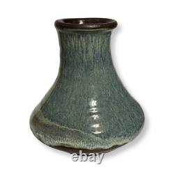 Vintage Studio Pottery Vase Signed M 7 Blue Green Drip Glaze MCM Style