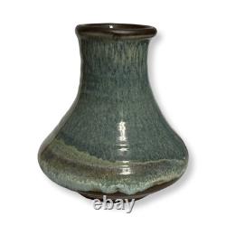 Vintage Studio Pottery Vase Signed M 7 Blue Green Drip Glaze MCM Style