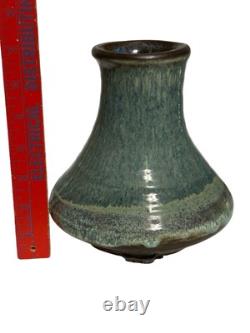 Vintage Studio Pottery Vase Signed M 7 Blue Green Drip Glaze MCM Style