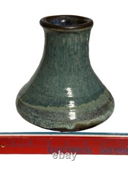 Vintage Studio Pottery Vase Signed M 7 Blue Green Drip Glaze MCM Style