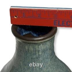 Vintage Studio Pottery Vase Signed M 7 Blue Green Drip Glaze MCM Style