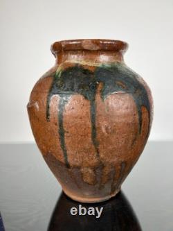 Vintage Studio Pottery Vase Small Ear Shape Handles Brown Black Grey Glazes 9.5